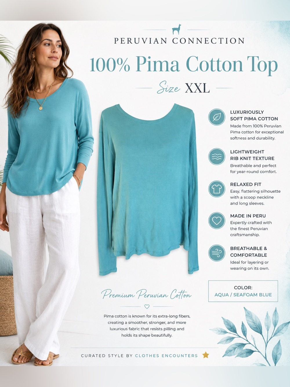Peruvian Connection 100% Pima Cotton Rib Knit Top in XXL